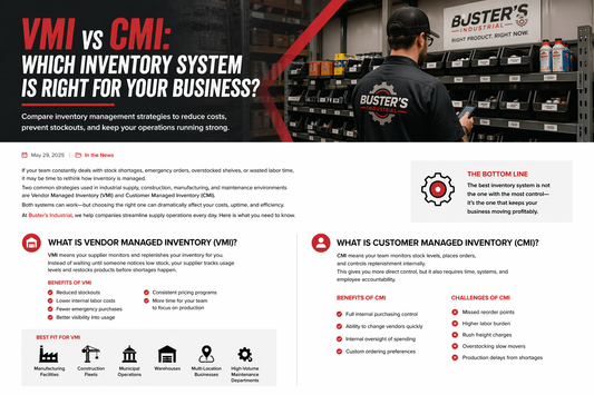 VMI vs CMI inventory management comparison with a worker in Buster's Industrial uniform scanning warehouse shelves.