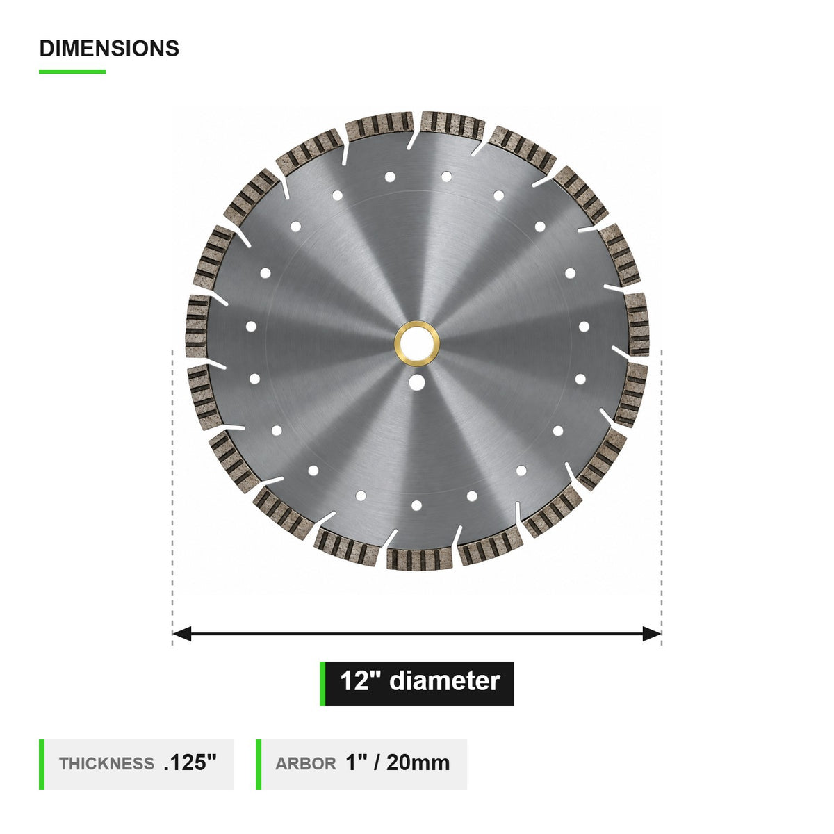 12 inch turbo combo blade dimensions - .125 inch thickness, 1 inch/20mm arbor