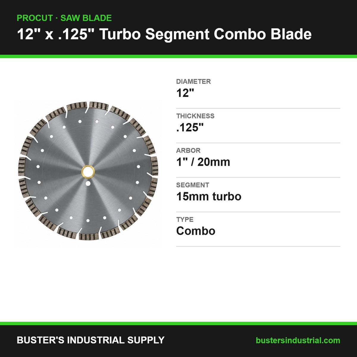 12" x .125" Turbo Segment Combo diamond blade specifications - Procut, 1 inch/20mm arbor