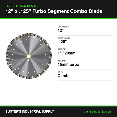12" x .125" Turbo Segment Combo diamond blade specifications - Procut, 1 inch/20mm arbor