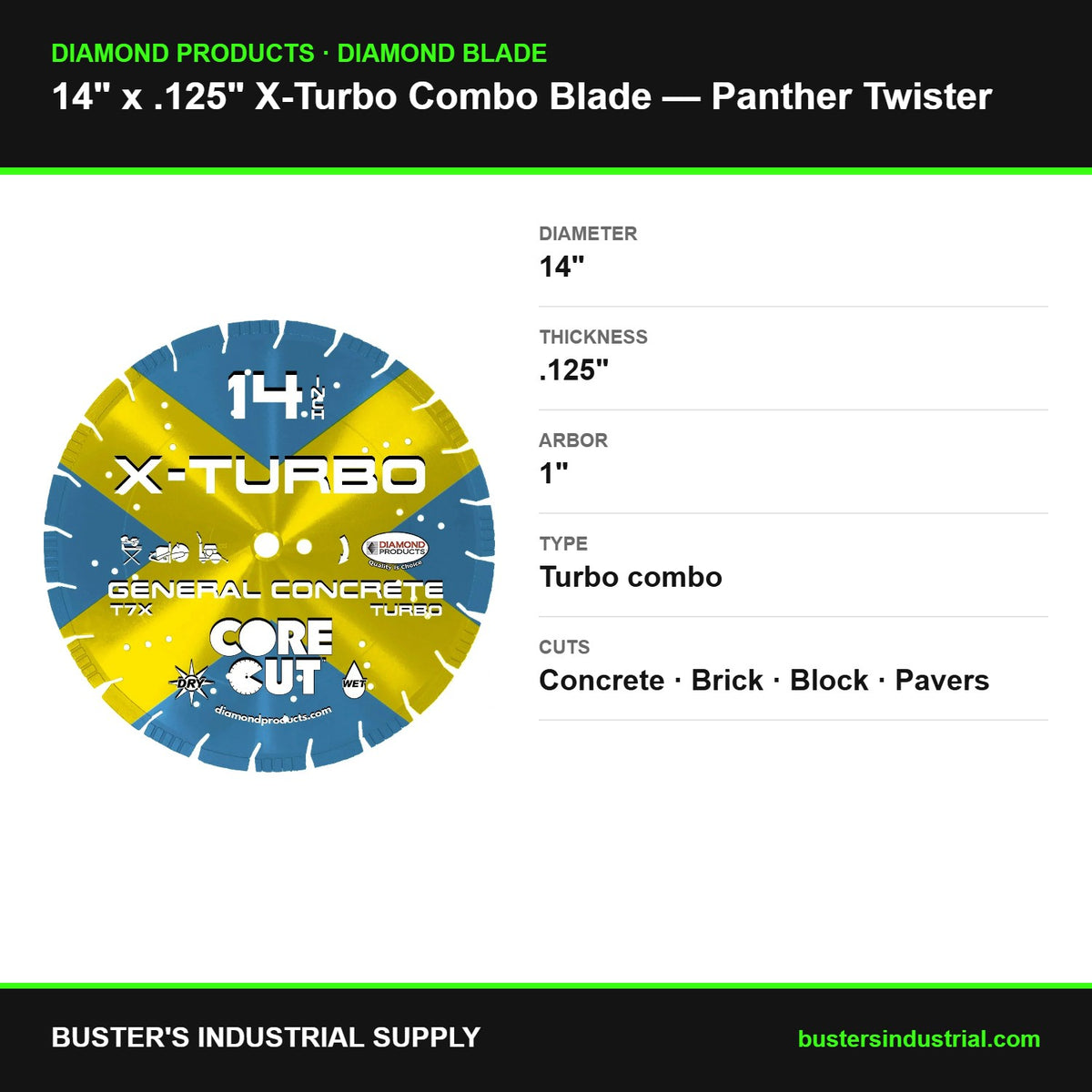 14 x .125 x 1 X-Turbo Panther Twister combo diamond blade - specifications