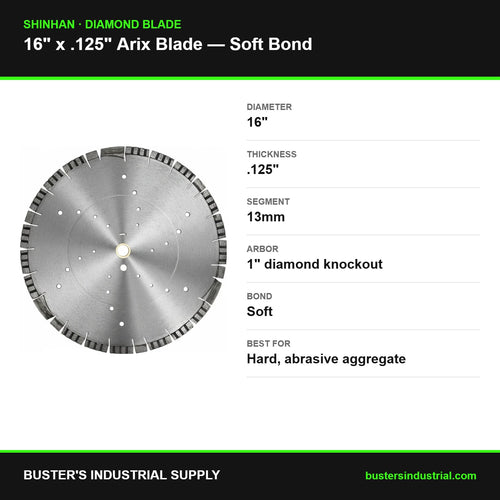 16 x .125 x 13mm Arix soft bond diamond blade - specifications