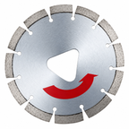 Diamond saw blade with a red arrow on a white background