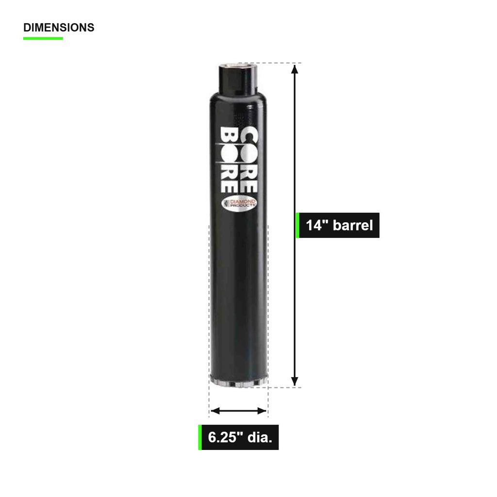 6.25" x 14" Wet Asphalt Core Bit dimensions - 6.25 inch diameter, 14 inch barrel