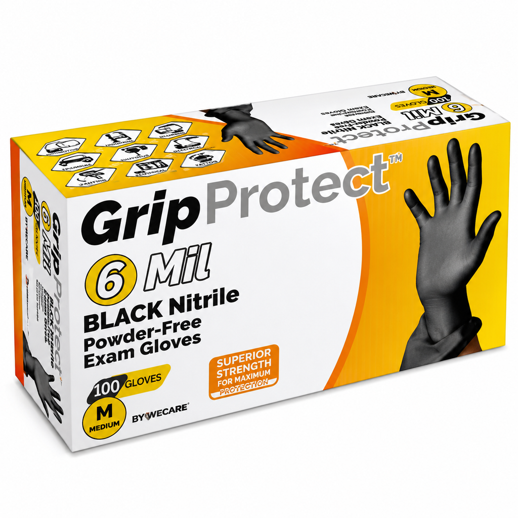GripProtect® 6 Mil Black Nitrile Exam Gloves - 10Box / Case Qty