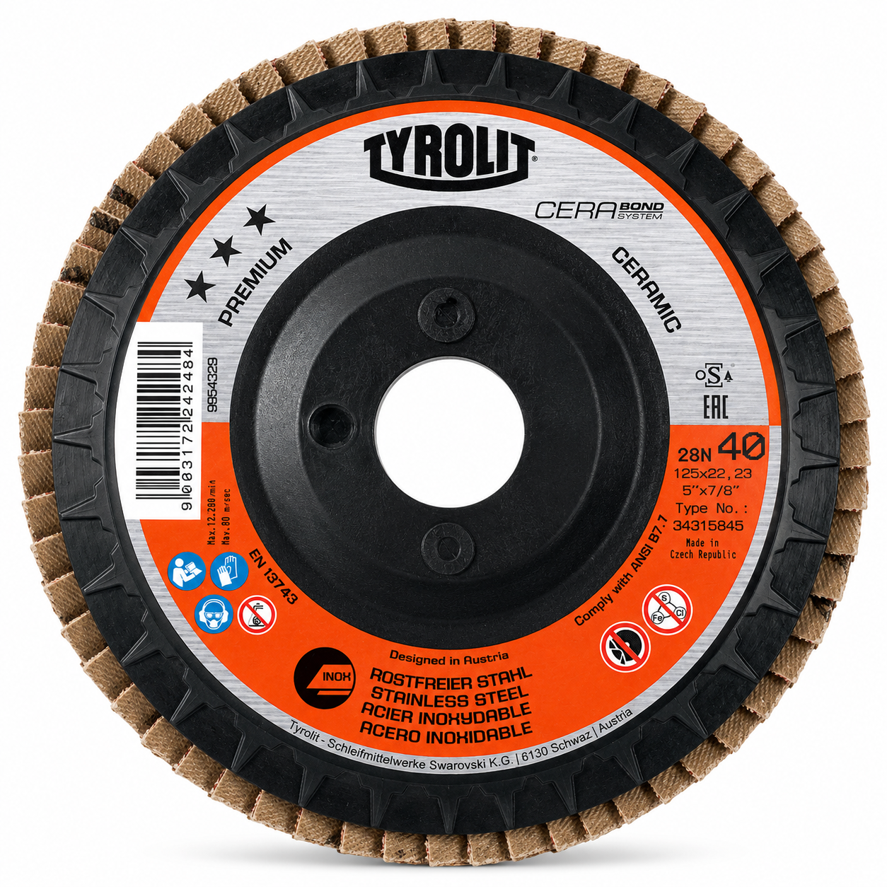 TYROLIT CERABOND X Ceramic Flap Disc with 5/8-11 Internal Thread –     Steel & Stainless Steel - 5PK