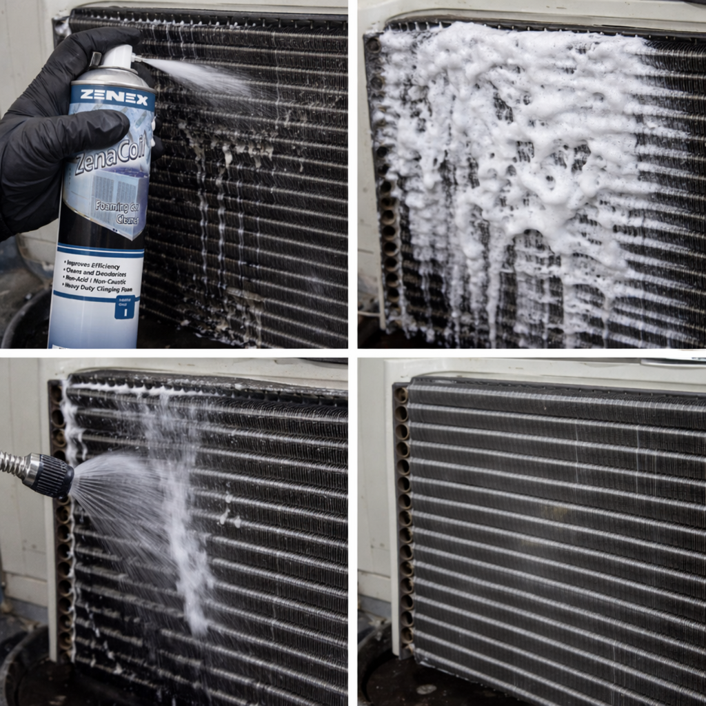 Foaming coil cleaner sprayed, foaming, rinsed, and cleaned HVAC air conditioning coil