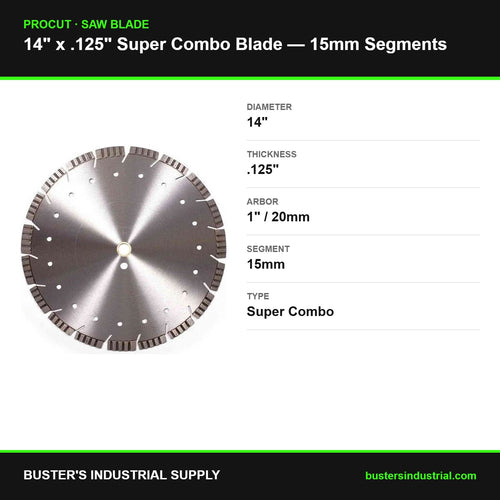 14" x .125" Super Combo diamond blade specifications - 15mm segments, 1 inch/20mm arbor - Procut