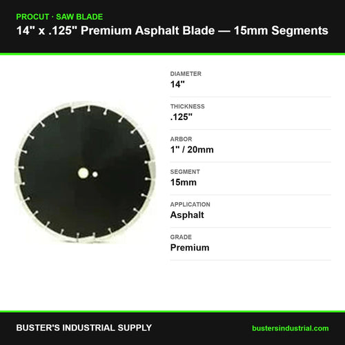 14" x .125" Premium Asphalt diamond blade specifications - 15mm segments, 1 inch/20mm arbor - Procut