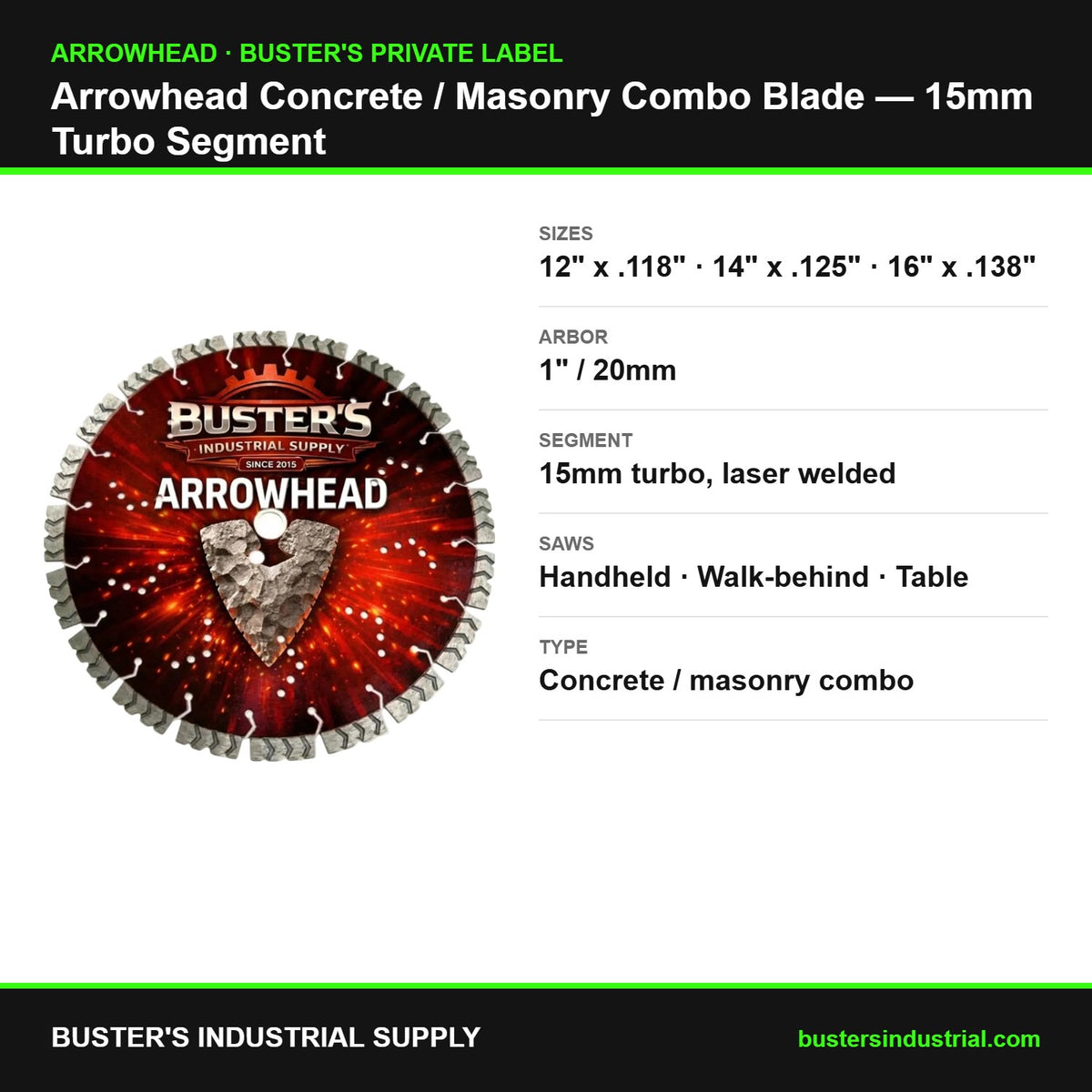 Arrowhead concrete masonry combo blade 15mm turbo segment - specifications