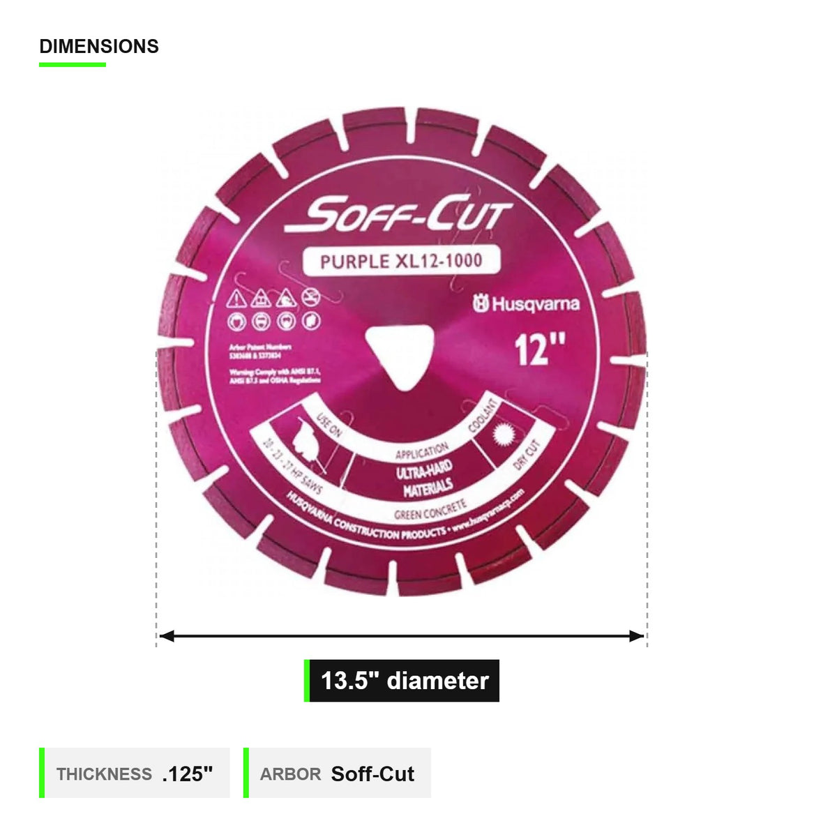 Soff-Cut 13.5 in x .125 diamond blade dimension diagram