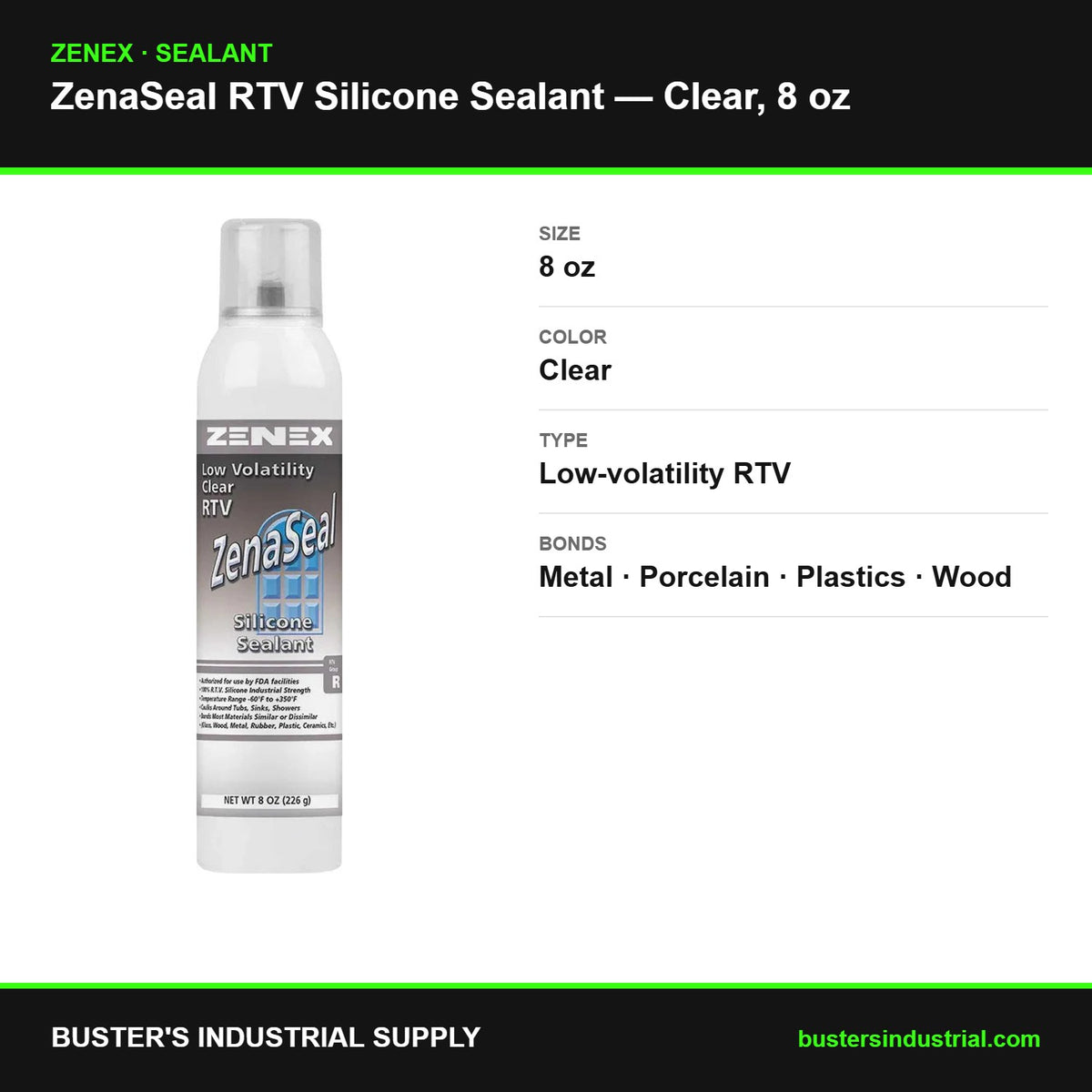 Zenaseal 8 oz clear RTV silicone specifications